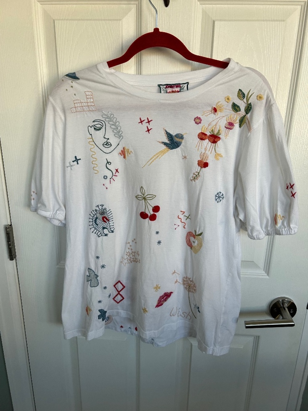 Johnny Was Cleo Puff short sleeve white embroidered cotton shirt sz L